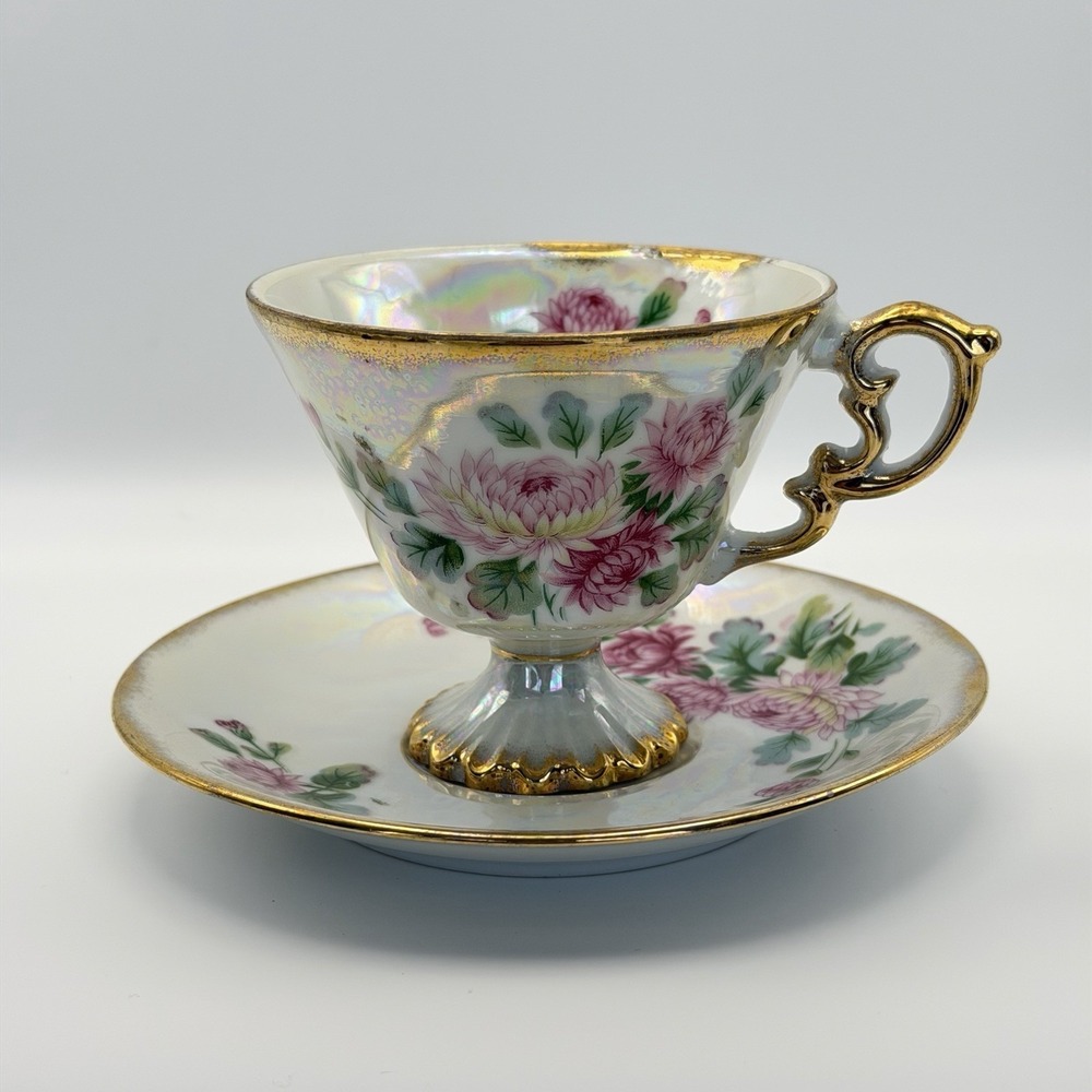 Vtg Norleans Japan Lusterware Teacup Saucer Floral Gold November Chrysanthemum